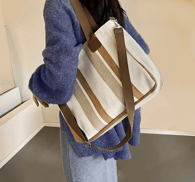 Trendy Casual Style Striped Burlap Handbag Purse Tote - The Tote Place