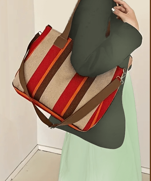 Trendy Casual Style Striped Burlap Handbag Purse Tote - The Tote Place