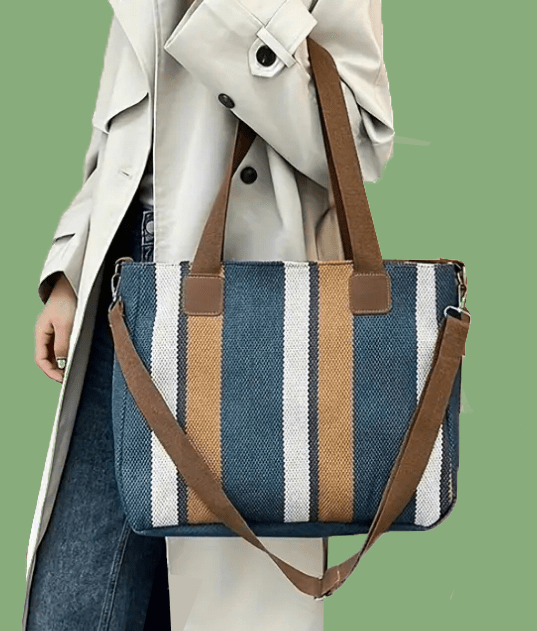 Trendy Casual Style Striped Burlap Handbag Purse Tote - The Tote Place