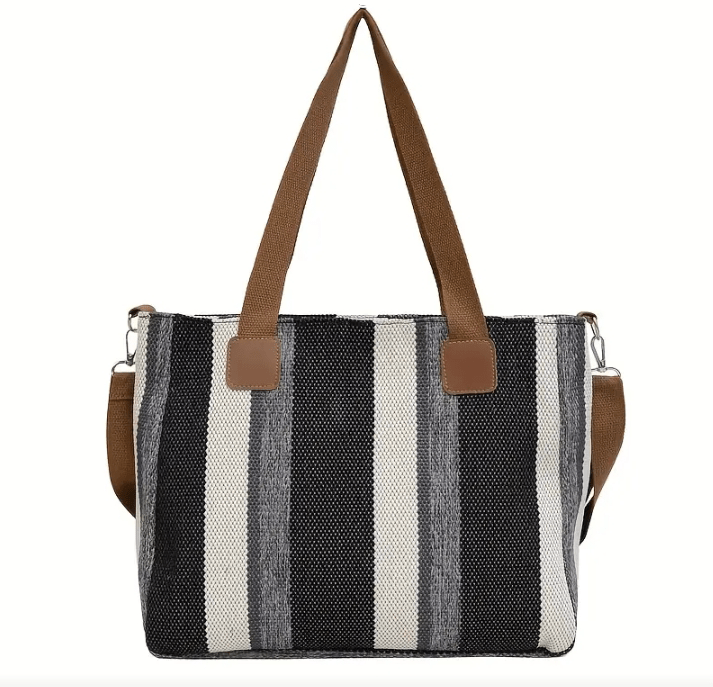 Trendy Casual Style Striped Burlap Handbag Purse Tote - The Tote Place