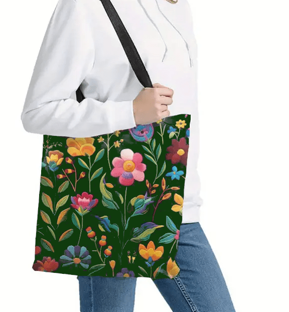 Large Woven Floral Print Shopping Bag Tote Essentials Carry All - The Tote Place