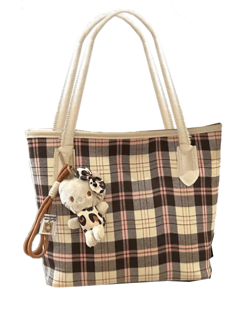Cream Pink and Black Plaid Handbag Tote Fashion Statement - The Tote Place