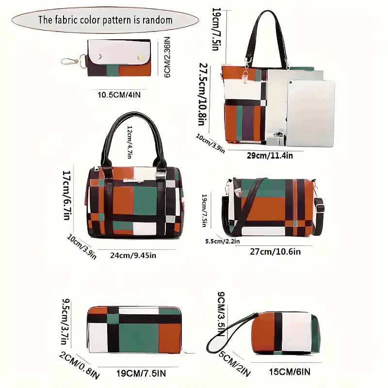 Waterproof 6 - piece Handbag, Tote and Accessories Set In Plaid Design - The Tote Place