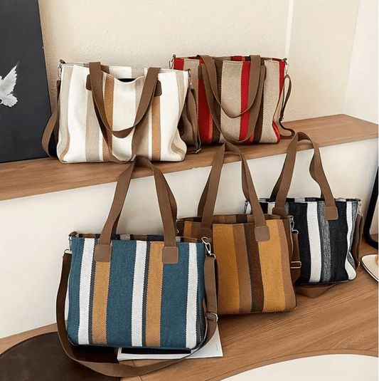 Trendy Casual Style Striped Burlap Handbag Purse Tote - The Tote Place