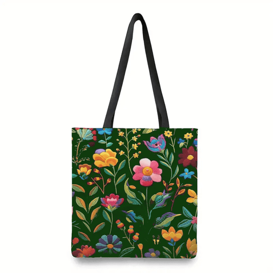 Large Woven Floral Print Shopping Bag Tote Essentials Carry All - The Tote Place