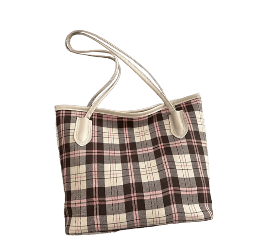 Cream Pink and Black Plaid Handbag Tote Fashion Statement - The Tote Place