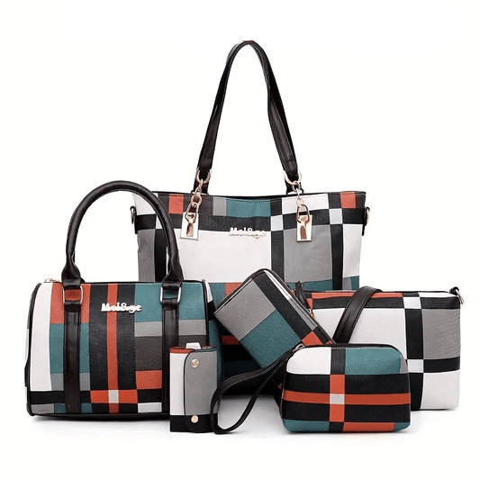 Waterproof 6 - piece Handbag, Tote and Accessories Set In Plaid Design - The Tote Place